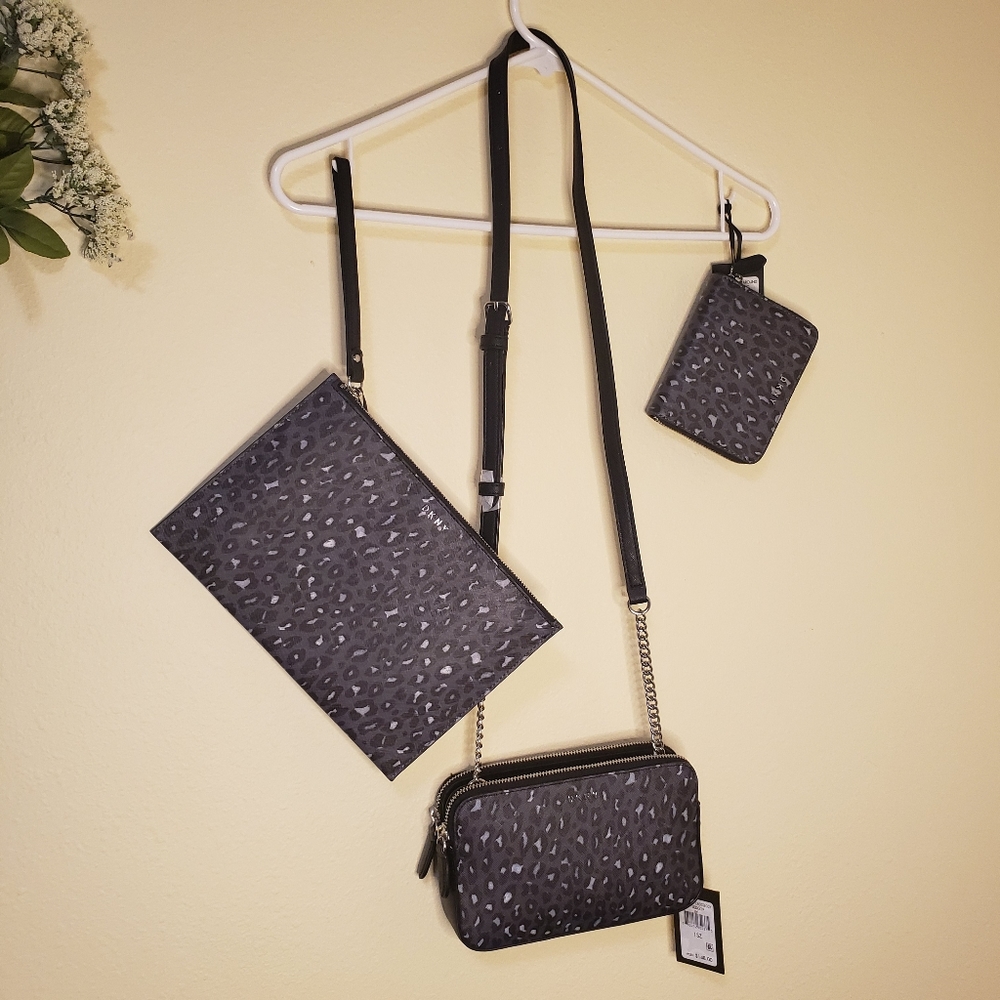 DKNY 3-Piece Black Gray Leopard Zip Crossbody Wristlet Wallet Retail $34…